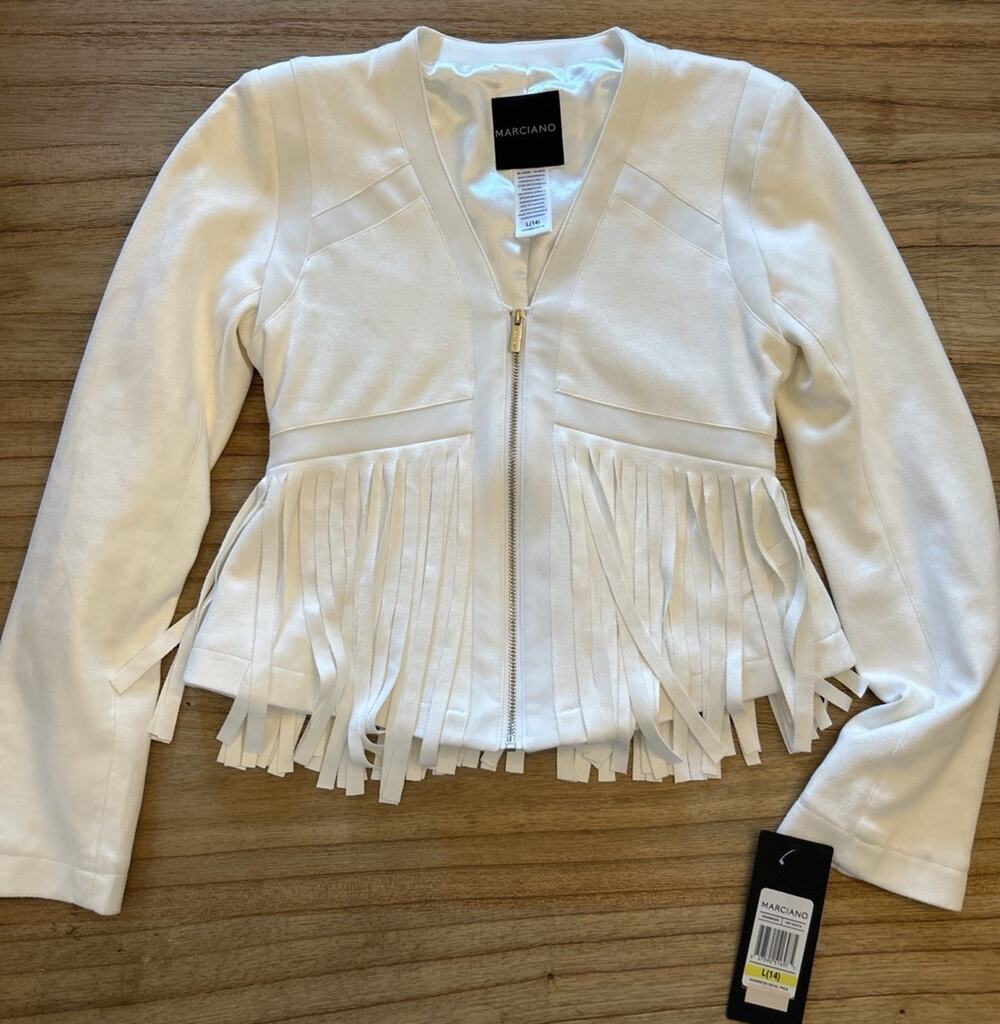 NWT Marciano Fringe Fitted Zip Up Off-white Short Jacket Western Sz Large (14)